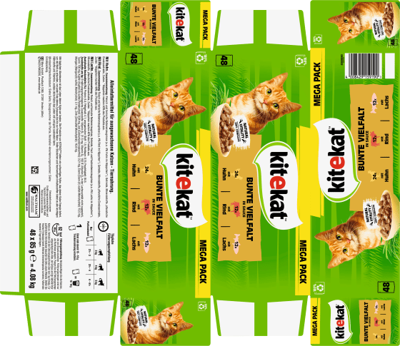 Nassfutter Katze mit Huhn, Rind in Lachs, bunte Vielfalt Soße, g), kg & Multipack 4,08 (48x85