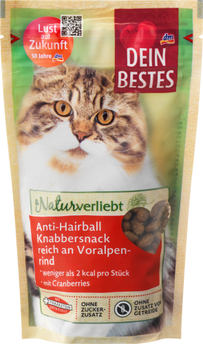 Katzenleckerli Knabbersnack Anti-Hairball mit Rind, Naturverliebt, 50 g