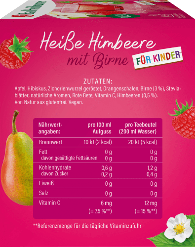 Früchtetee Heiße Himbeere für Kinder (15 mit 37,5 Birne Beutel), g