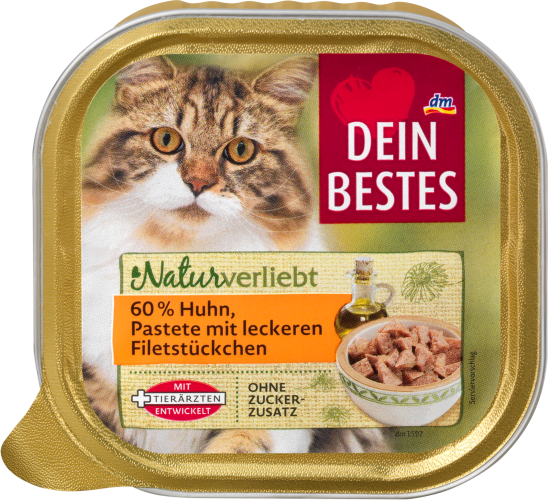 Naturverliebt, Pastete 60% Huhn, leckeren Filetstückchen, mit Katzen, 100 für g mit Nassfutter