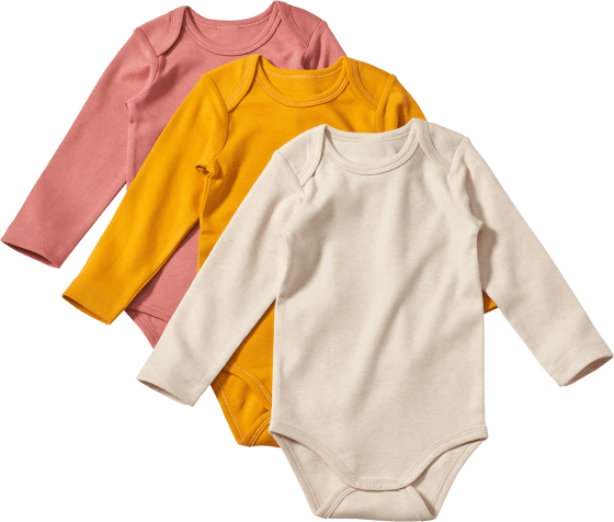 Bodys Langarm, rosa + gelb + beige, Gr. 74/80, 3 St | Baby Bodies & Strampler
