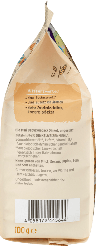 Babysnack Mini Dinkel Zwieback Demeter, Monat, g 8. 100 ab dem