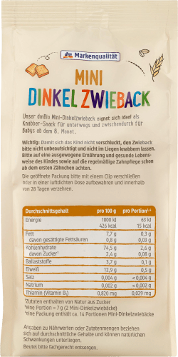 Babysnack Mini Dinkel Zwieback Demeter, Monat, g 8. 100 ab dem