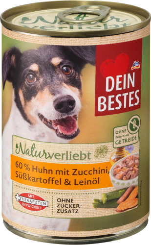 Nassfutter für Hunde, Naturverliebt, 60 % Huhn mit Zucchini, Süßkartoffel & Leinöl, 400 g