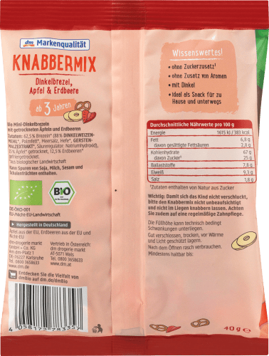 3 Erdbeere, 40 g Knabbermix Kindersnack ab & Jahren, Dinkelbrezel, Apfel