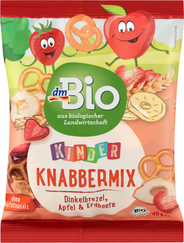 3 Erdbeere, 40 g Knabbermix Kindersnack ab & Jahren, Dinkelbrezel, Apfel