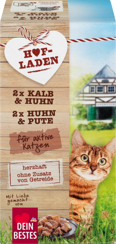 Nassfutter Katze, Kalb & Huhn und Huhn & Pute, Hofladen Multipack (4x85 g), 340 g