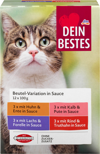 Nassfutter Katze mit Sauce, Kalb, 1200 g Huhn, (12x100 in g), Multipack Rind Lachs