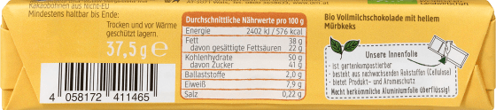 37,5 mit Naturland, Keks Schokoriegel Vollmilch-Schokolade, g