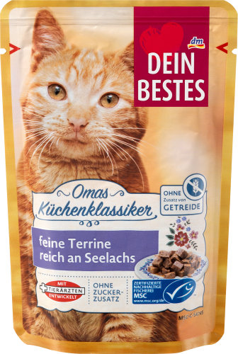 Nassfutter Katze Terrine mit Seelachs, & Küchenklassiker, Spinat, Kartoffeln 100 g Omas