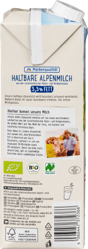 Milch, haltbare Alpenmilch 3,5 Fett, % Naturland, l 1