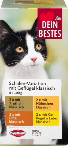 Nassfutter für Katzen, Vorteilspack Schalen klassisch mit Geflügel, 8 x 100g, 800 g