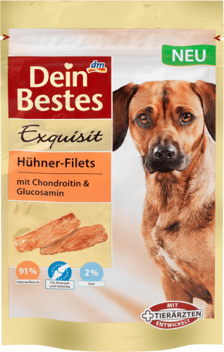 Exquisit Snack für Hunde, Hühner-Filets & Chondroitin Glucosamin, 80 g mit