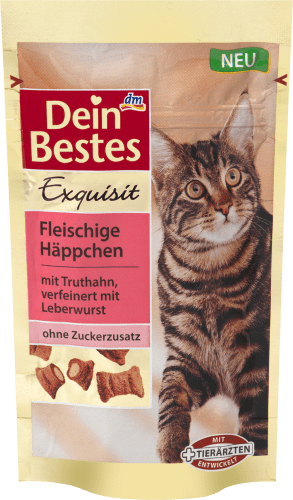 Exquisit Snack für Katzen, Fleischige Häppchen mit Truthahn, verfeinert mit Leberwurst, 40 g