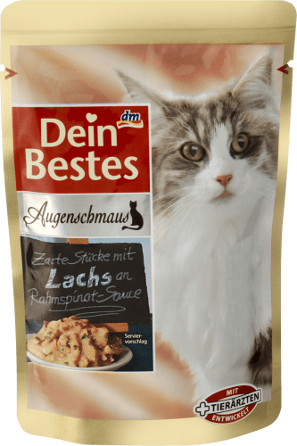 Augenschmaus Nassfutter für Katzen, zarte Stücke mit Lachs an Rahmspinat-Sauce, 100 g