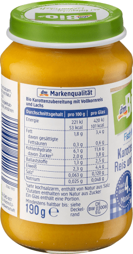 Babymenü Karotten und Monat, nach dem mit Demeter, Reis 4. Lachs g 190