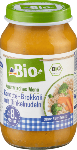 Vegetarisches Menü Karotte-Brokkoli mit Dinkelnudeln ab dem 8. Monat, 220 g