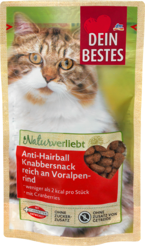 Naturverliebt, Snack für Katzen, Anti-Hairball Knabbersnack, reich an Voralpenrind & mit Cranberries, 50 g