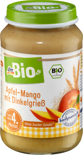 Apfel-Mango mit Dinkelgrieß nach dem 4. Monat, Demeter, 190 g