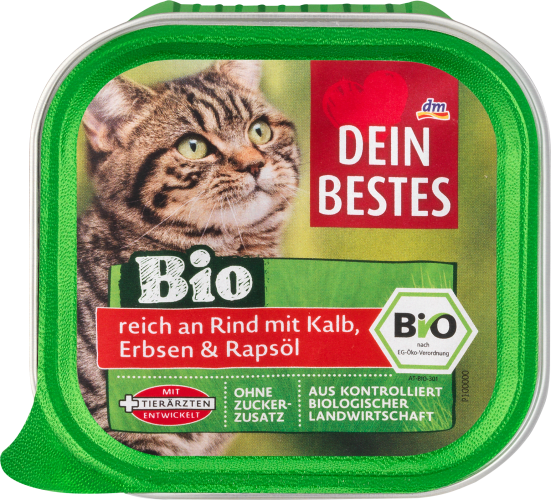 Bio Nassfutter Katzen, Rapsöl, für und mit Rind Kalb, Erbsen an reich 100 g