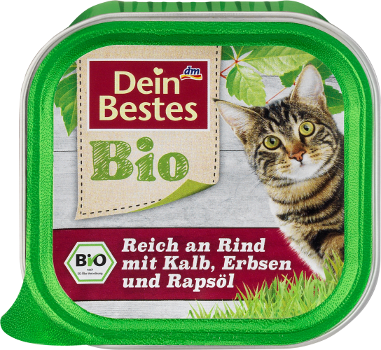 Bio Nassfutter Katzen, Rapsöl, für und mit Rind Kalb, Erbsen an reich 100 g