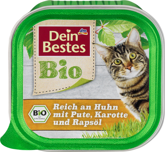 Bio Nassfutter für Katzen, reich an Huhn mit Pute, Karotte und Rapsöl, 100 g