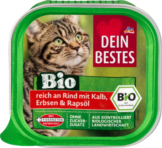 Bio, Nassfutter für Katzen, reich an Rind mit Kalb, Erbsen und Rapsöl, 100 g