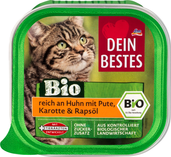 Bio, Nassfutter für Katzen, reich an Huhn mit Pute, Karotte und Rapsöl, 100 g