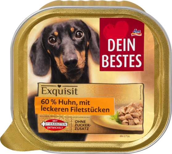 Exquisit, Nassfutter für Hunde, 60 % Huhn mit leckeren Filetstücken, 0,3 kg