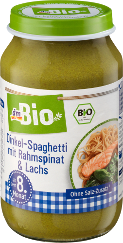 Rahmspinat und Lachs g Dinkel-Spaghetti 8. mit Monat, Menü ab 220