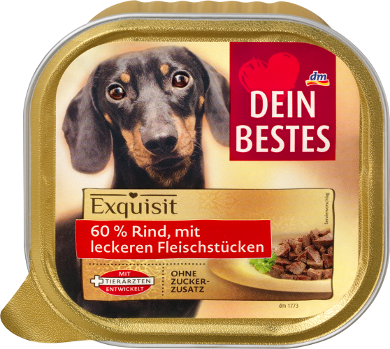 Nassfutter für Hunde, Exquisit, 60 % Rind mit leckeren Fleischstücken, 300 g