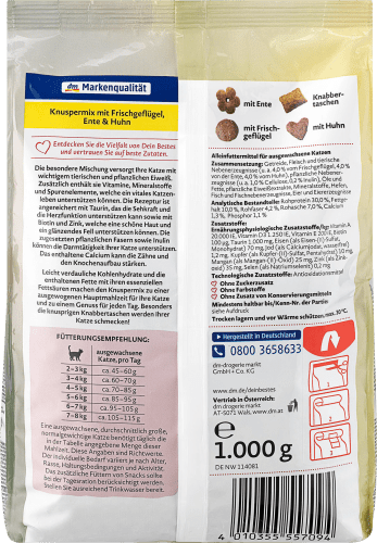 Trockenfutter für Katzen, Knuspermix mit & Huhn, 1000 g Frischfleisch, Ente