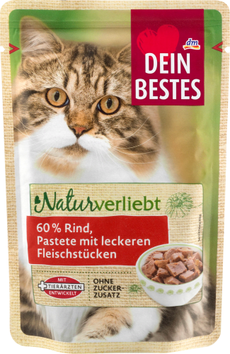 Nassfutter für Katzen, Naturverliebt, 60 % Rind mit leckeren Fleischstücken, 85 g