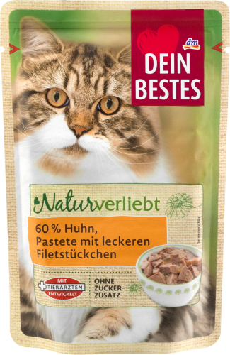 Nassfutter für Katzen, Naturverliebt, 60 % Huhn mit leckeren Filetstückchen, 85 g