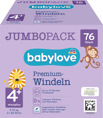 Windeln Premium Gr. 4+, Maxiplus, Jumbo kg, Pack, 9-15 St 76