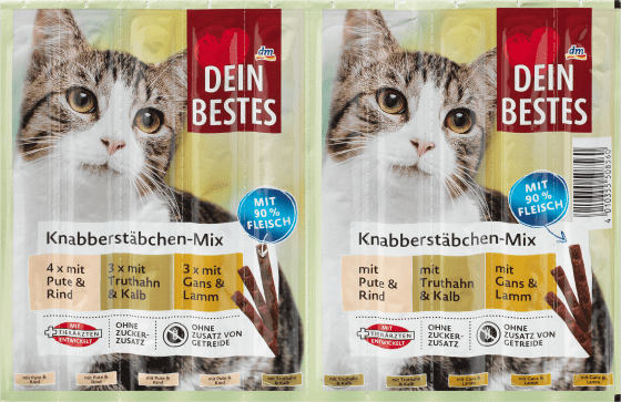 Katzenleckerli, Knabber-Stäbchen Mix, mit 90 % Fleisch, Multipack, 50 g