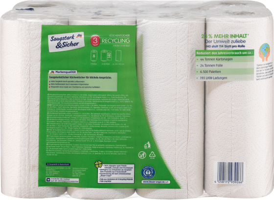 Küchenrolle Halbblatt 3-lagig Recycling (8x140 Blatt), 8 St