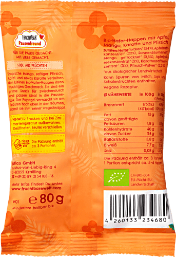 Kindersnack Hafer-Happen Mango, Karotte & Jahren, ab 3 g 80 Pfirsich