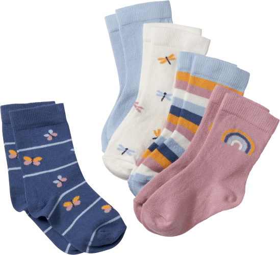 Socken mit Ringeln & Libellen-Motiv, blau + rosa + weiß, Gr. 19/22, 5 St