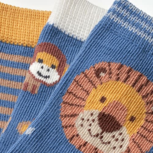 Socken mit Affen- & Löwen-Motiven, 3 + gelb, St 23/26, Gr. blau