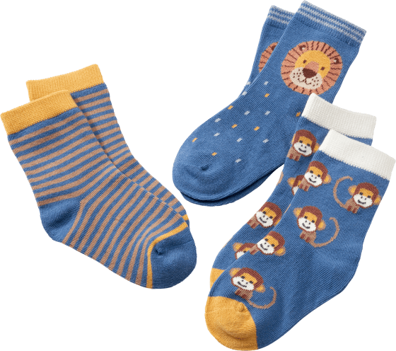 Socken mit Affen- & 19/22, Gr. blau + 3 St gelb, Löwen-Motiven
