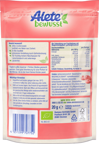 Kindersnack Obsties 20 g mit Joghurt, ab Jahren, 3 Erdbeer-Banane