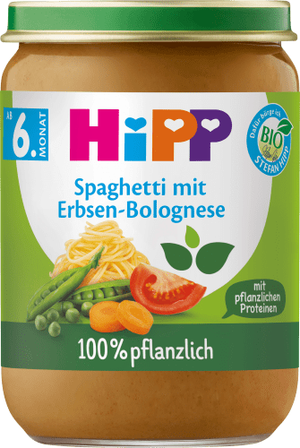 mit 6.Monat Spaghetti pflanzlich, ab Erbsen-Bolognese 190 Menü g