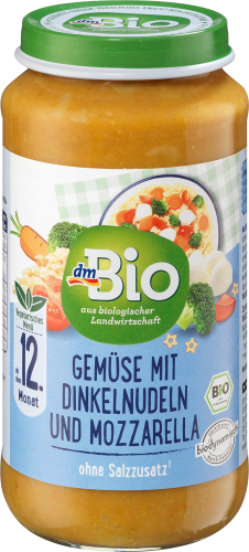 Menü Gemüse mit Dinkelnudeln und Mozzarella ab dem 12. Monat, Demeter, 250 g | Babygläschen & Co.