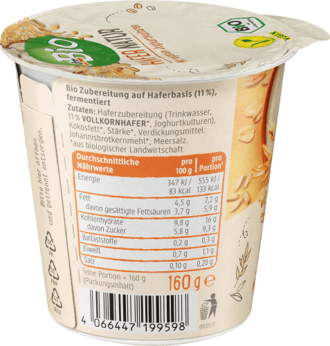 g mit veganen Hafer, 160 Joghurtkulturen, Natur