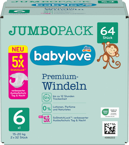 Windeln Premium Gr. 6 Jumbo (15-20 kg), 64 Pack, XL St