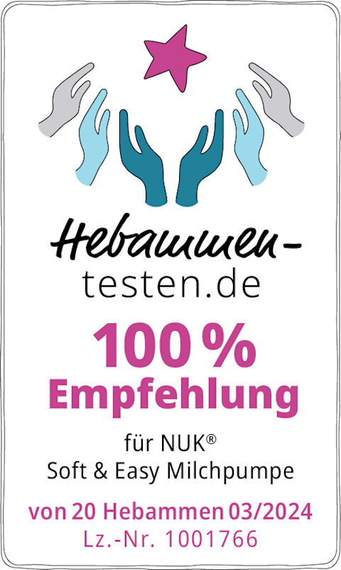 Grafik: Hebammen-testen.de 100% Empfehlung für NUK Soft & Easy Milchpumpe von 20 Hebammen 03/2024 Lz.Nr. 1001766