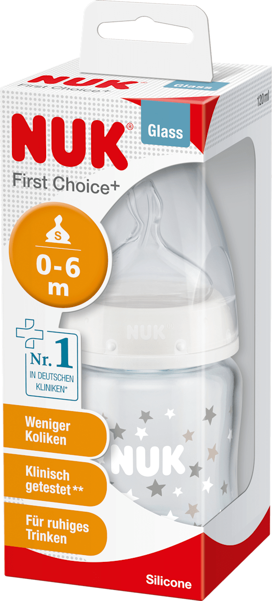 Nuk Babyflasche aus Glas First Choice  mit Trinksauger Silikon, Größe 1, 0-6 Monate, 120 ml, 1 ...