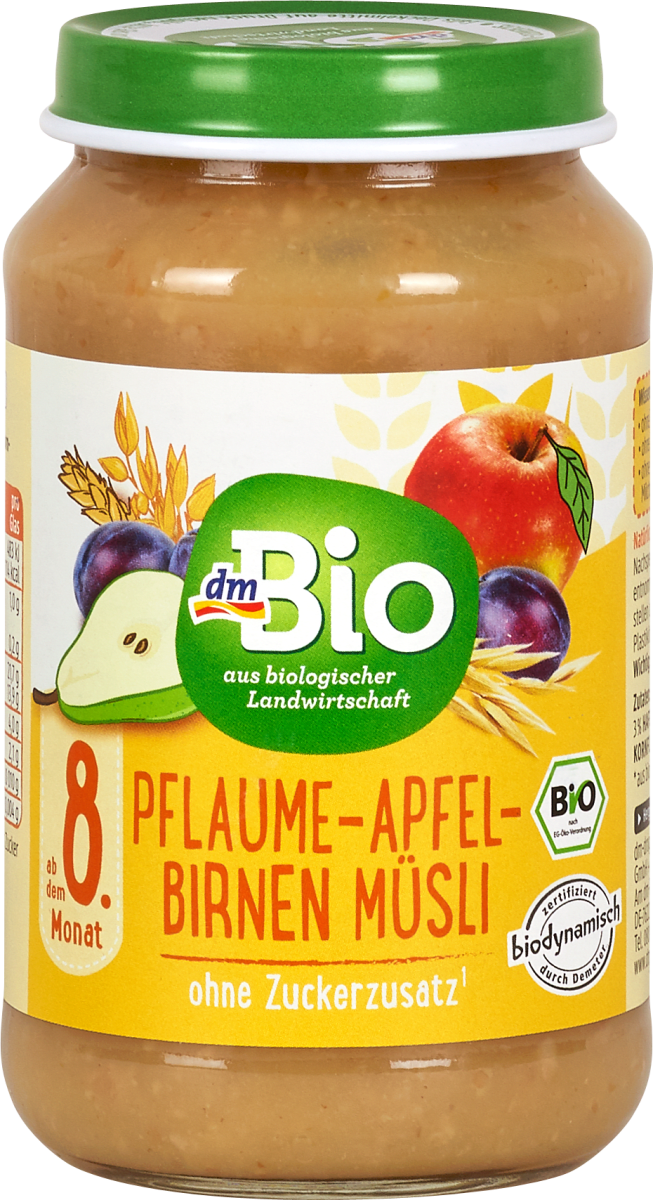 dmBio Fruchtbrei Pflaume-Apfel-Birnen Müsli, 190 g | dm.at