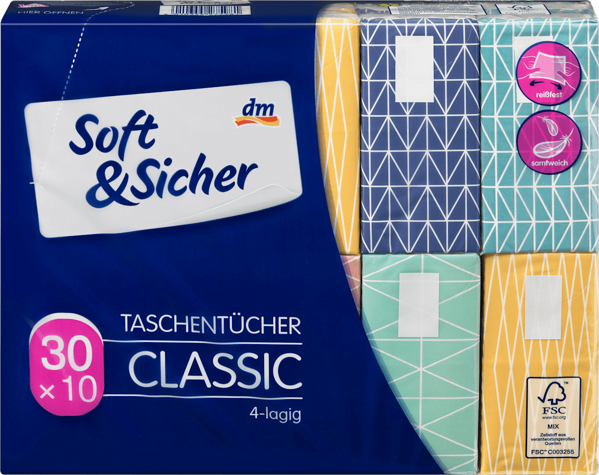 Soft&Sicher Taschentücher Classic Design 4-lagig (30x10 Stück), 300 St